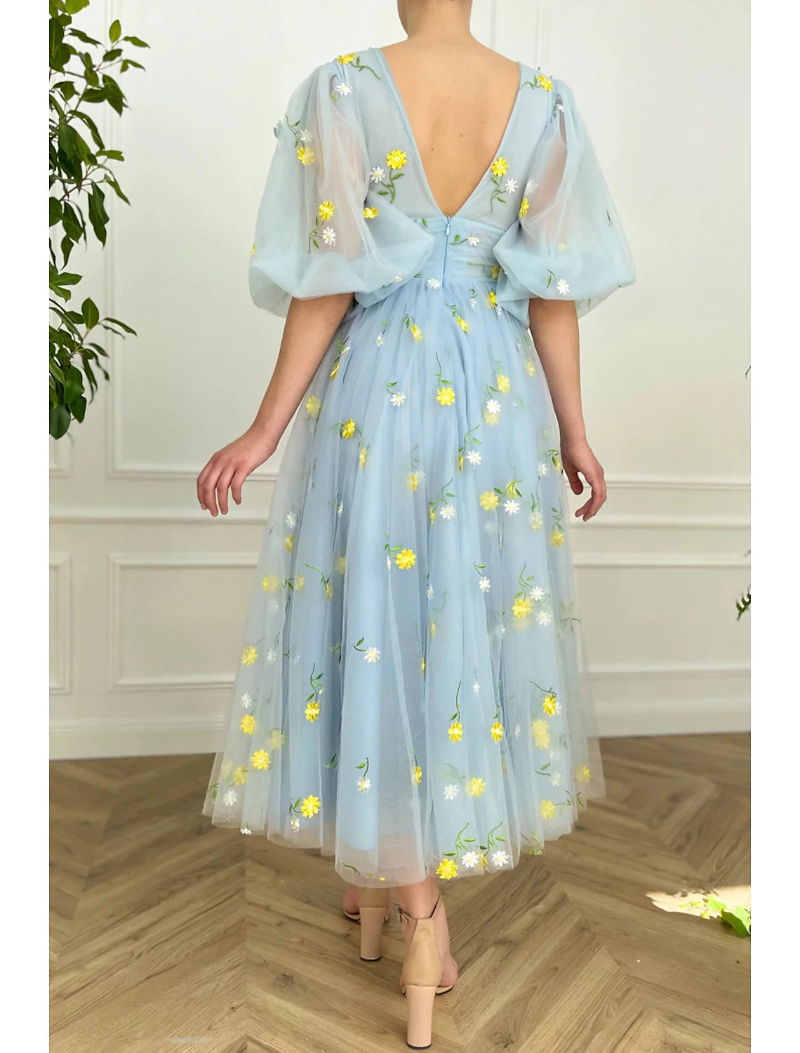 Vestido de cóctel de corte A, floral, para invitada de boda, de verano, largo hasta los tobillos, media manga, escote en V, encaje, espalda descubierta y pliegues.